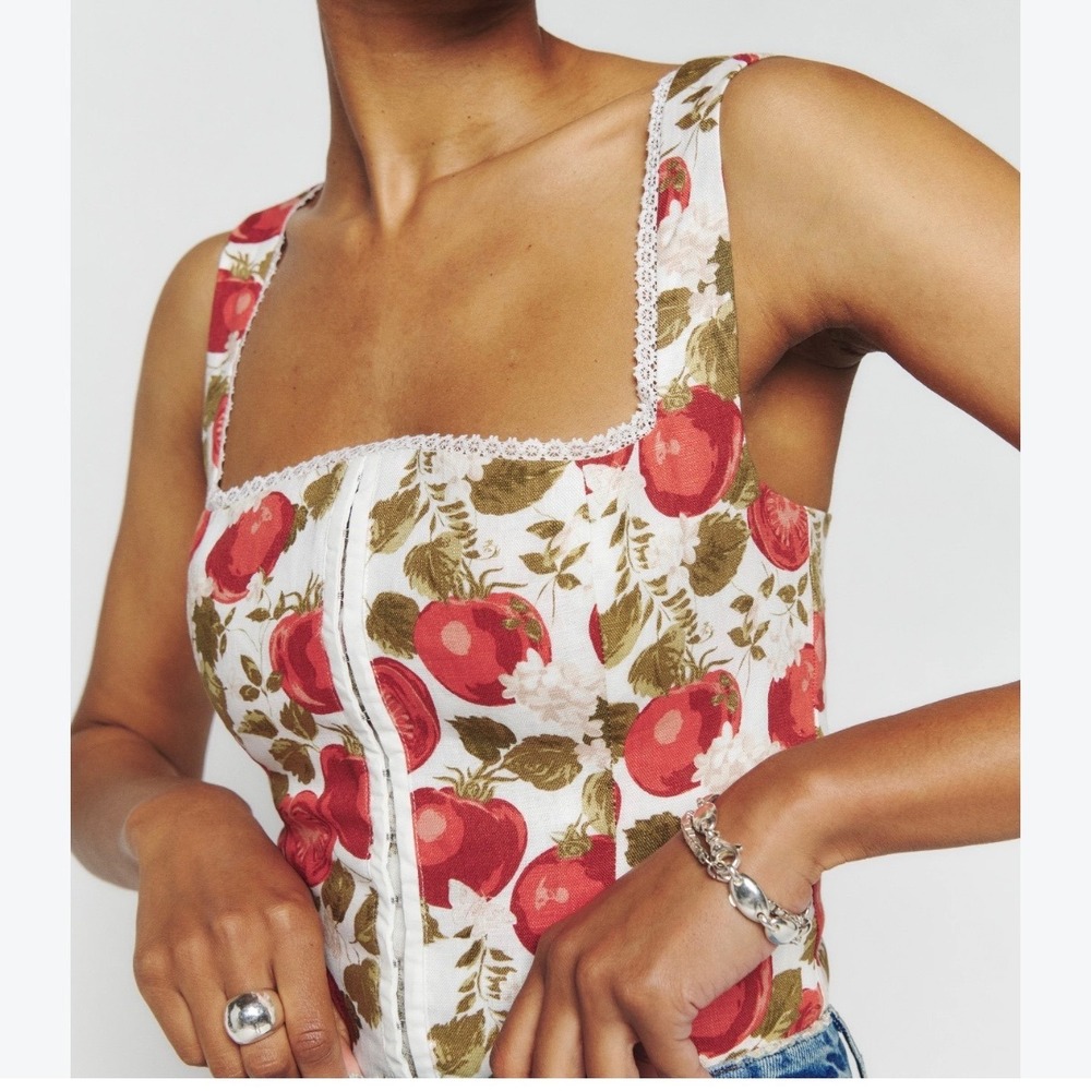 Reformation Tomato Print Linen Corset Top White Red Floral Lace Trim Smocked 12